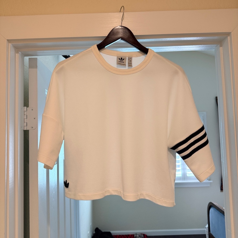 Women’s White Adidas Top with Black Stripes and Logo Size M